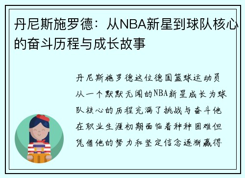 丹尼斯施罗德：从NBA新星到球队核心的奋斗历程与成长故事