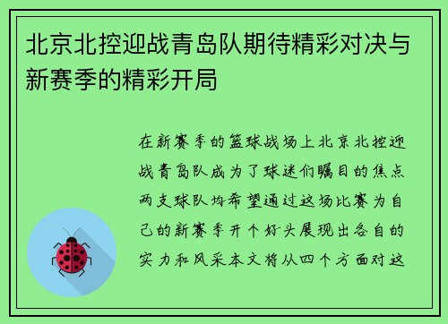 北京北控迎战青岛队期待精彩对决与新赛季的精彩开局