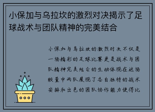小保加与乌拉坎的激烈对决揭示了足球战术与团队精神的完美结合