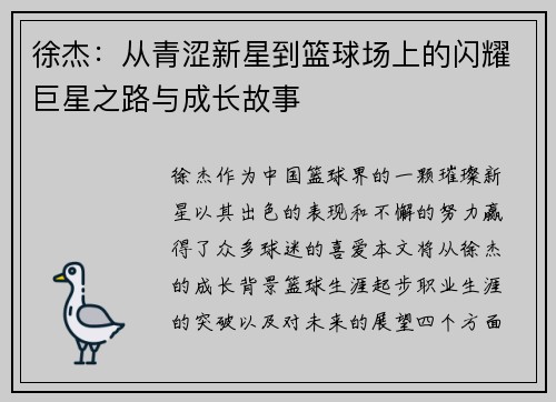 徐杰：从青涩新星到篮球场上的闪耀巨星之路与成长故事
